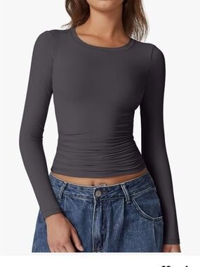 Slim Ruched Long Sleeve Crewneck Top - Charcoal